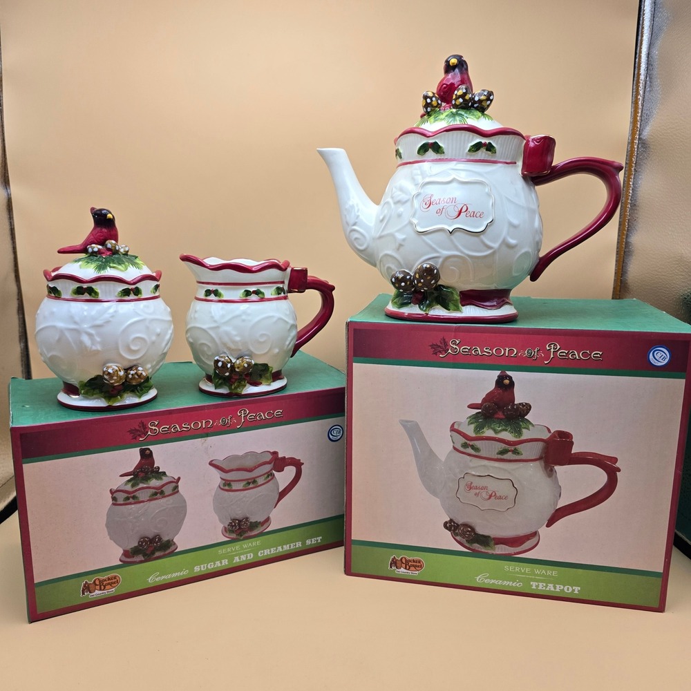 Cracker Barrel Season of Peace Ceramic Teapot Sugar Creamer Set Cardinal Holiday